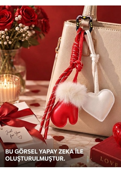 Home Dekor Hediye Charm Çanta Süsü Sevimli Beyaz Kalp Ve Tüylü Eldiven Figürlü Peluş Detaylı Çanta & Anahtar Aksesuarı Çok Renkli