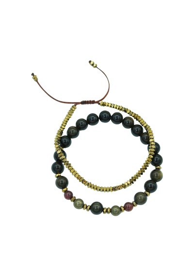Sertifikalı Gold Obsidyen, Pirit, Lal Ve Hematit Doğal Taşlı Erkek Bileklik Seti 2'li Siyah