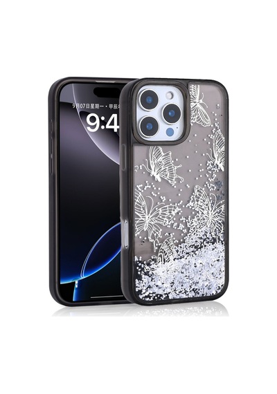 Lexroo Apple iPhone Uyumlu 14 Pro Max Sıvılı Simli Kelebek Baskılı Şeffaf Arka Yüzey Glis Silikon Tpu Kılıf - Mor