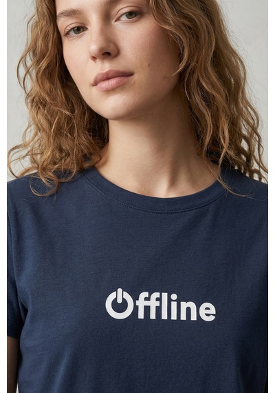 Elemge %100 Pamuk Süprem Pijama Üstü T-shirt Compact Penye Kadın Regular Fit Lacivert Kısa Kol Offline Bask