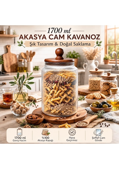 1700 Ml Akasya Kapaklı Cam Kavanoz Saklama Kabı Hava Geçirmez Büyük Boy Mutfak Kavanozu Diğer