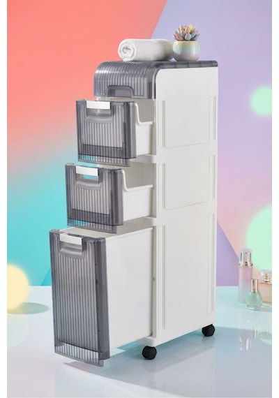 Makri Home Tekerlekli 3 Çekmeceli Dekoratif Dolap Beyaz, 20 Cm 37.5 Cm 92.5 Cm Beyaz