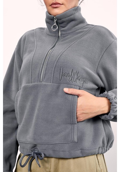 Tommy Life Gri Melanj Yarım Fermuar Etek Ucu Büzgülü Kadın Polar Oversize Sweatshirt - 97171 Gri Melanj