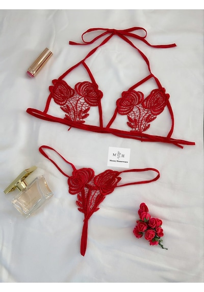 Mh Moony Homewears Sexy Çiçekli İpli Bralet Takımı Kırmızı