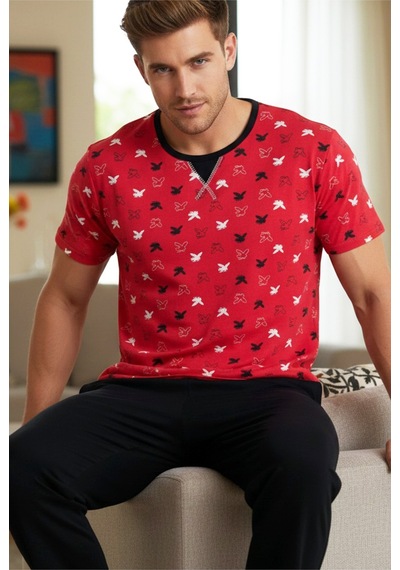 Siyah İnci Bisiklet Yaka Baskılı Örme Pijama Takım 25109837 Kırmızı
