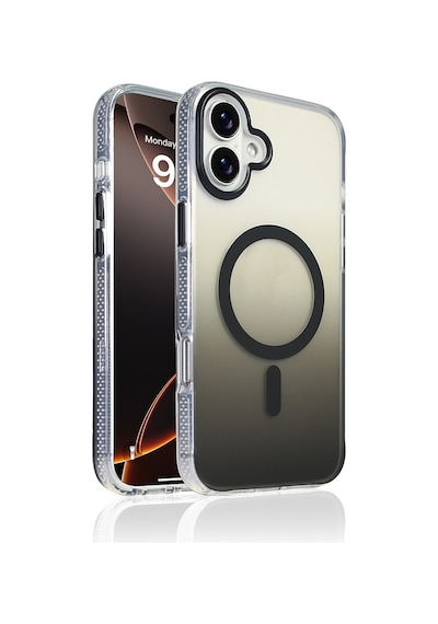 Techaks Apple Uyumlu iPhone 16 Plus Kılıf M-safe Şarj Özellikli Transparan Renk Geçişli Tchs Toros Kapak - Siyah Siyah