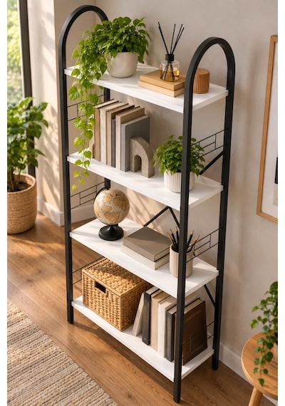 Sulorahome Beyaz Metal İskeletli 4 Raflı Çok Amaçlı Kitaplık Ve Raf Ünitesi 150 Cm Antrasit