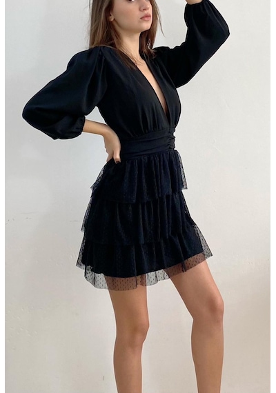 Mois Atelier Fırfırlı Siyah Büzgülü Mini Elbise Büyük Beden Siyah