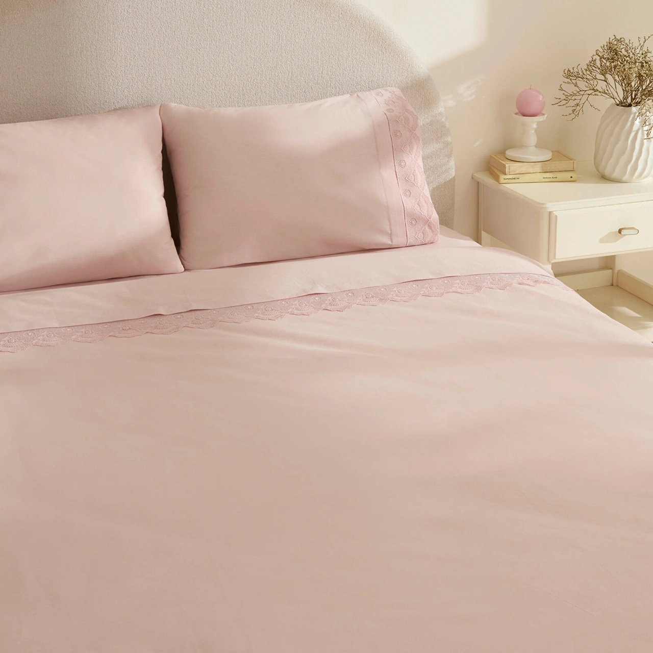 Karaca Home Teora %100 Pamuk Dantelli Çift Kişilik Nevresım Takımı Pudra Pudra