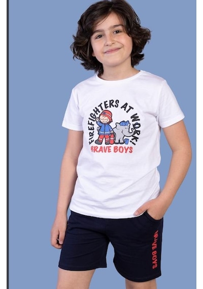Toontoy Kids Toontoy Erkek Çocuk İtfaiye Adam Baskılı Şortlu Takım Beyaz