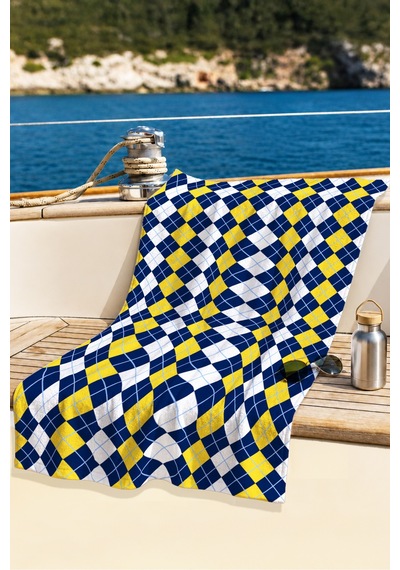 Ekose Geometrik Desenli Plaj Havlusu - Modern Sarı Lacivert Beyaz Hızlı Kuruyan Mikrofiber Havlu Eski Ada