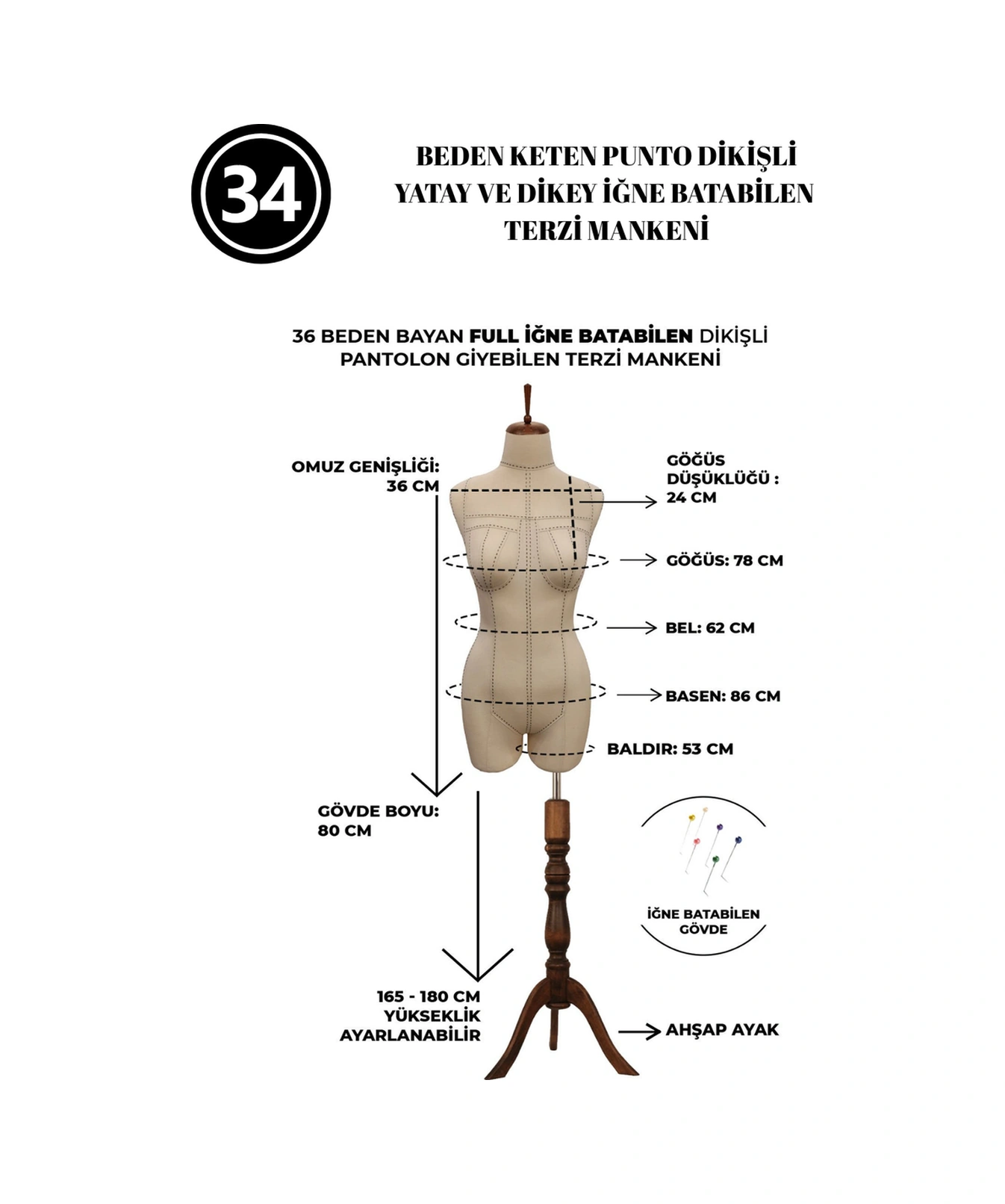 Dikiş Takım Setli - Özel Punto Kumaş - 34 Beden Pantolon Giyebilen İğne Batabilen Terzi Mankeni İst1