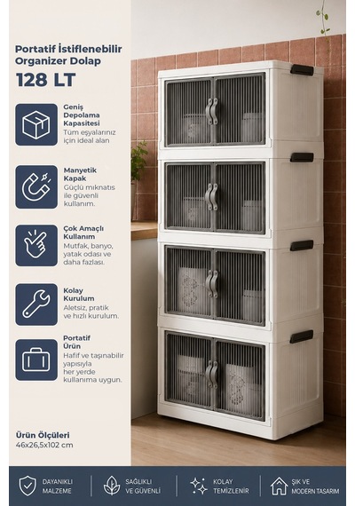4'lü Portatif Istiflenebilir Organizer Dolap- Banyo Mutfak Dolapları Saklama Kutu Beyaz