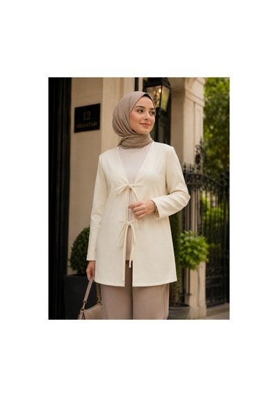 Elmoda Kadın Ekru Çift Bağcıklı Kimono Hırka Ekru Ekru