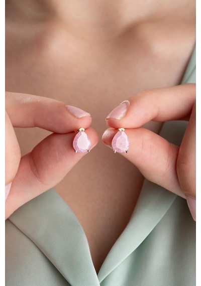 925 Ayar Gümüş Pembe Taşlı Damla Model Küpe Pembe Altın