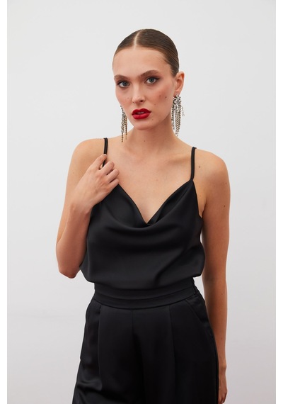 Sateen Degaje Yaka Saten Bluz - Siyah