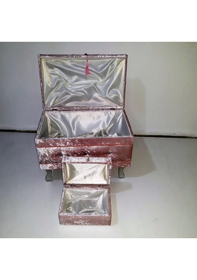 Çeyiz Sandık Kapitone Model 2 Lü Set Pembe Kadife Kumaş İçi Kırmızı Tela Kutu Sevk El Yapım