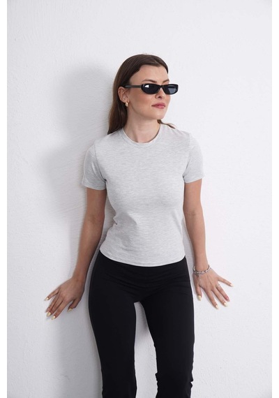 Crop Slim Fit Pamuk Likra Tişört-kar Melanj Kar Melanj