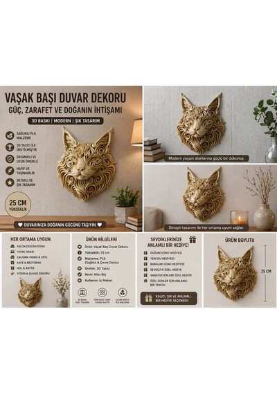 Vaşak Başı Duvar Dekoru 3d Baskı Modern Duvar Süsü Sağlıklı Pla 25 Cm Şık Tasarım 25cm