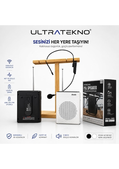 Kablosuz Mikrofonlu Rehber Amfisi 3" Subwoofer Hoparlör Bluetooth Fm Usb Tf Kart Destekli Hoparlör