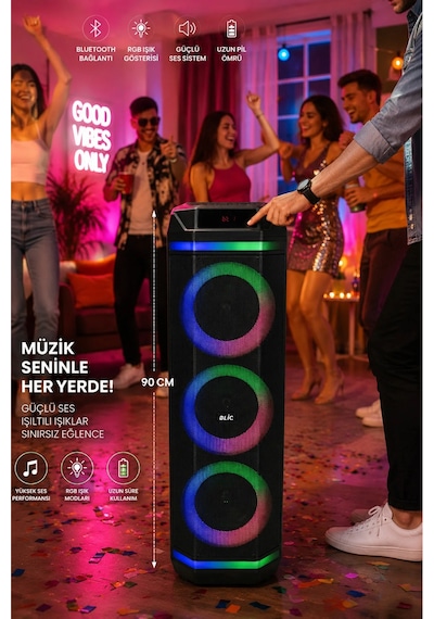 Exenar - Siyah - Blic Bls58 Büyük Boy Bluetooth Hoparlör 40w 3x8" Rgb Led Kablosuz Mikrofonlu Karaoke Hoparlörü
