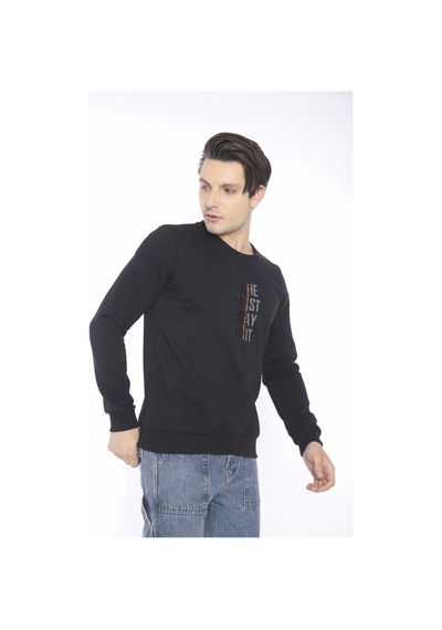 Escetic Erkek Spor Slimfit, Bisiklet Yaka Siyah Sweatshirt-4271 Siyah