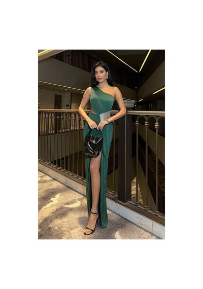 Lior Design Kadın Trend Model Sandy Kumaş Tek Omuz Balık Kesim Abiye Elbise Zümrüt