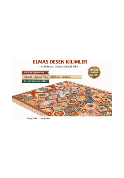 Algelsineve Elmas Desen Kilim El Dokuması Tadında Otantik Görünüm Çok Renkli