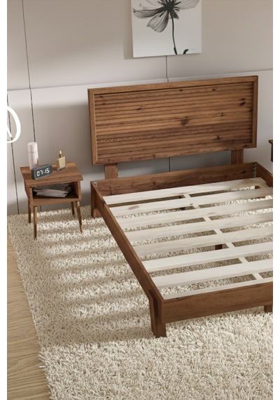 Ebruli Yatay Başlıklı Masif Ahşap Karyola Ve 2 Ceviz 90x200