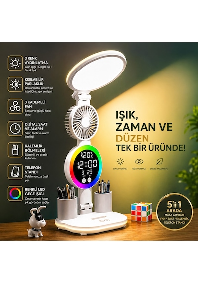 Techtic Led Masa Lambası Yuvarlak Başlı Fanlı Saatli 3 Renk Rgb Işıklı Dimmer Şarjlı Göz Korumalı Beyaz - Gün Işığı