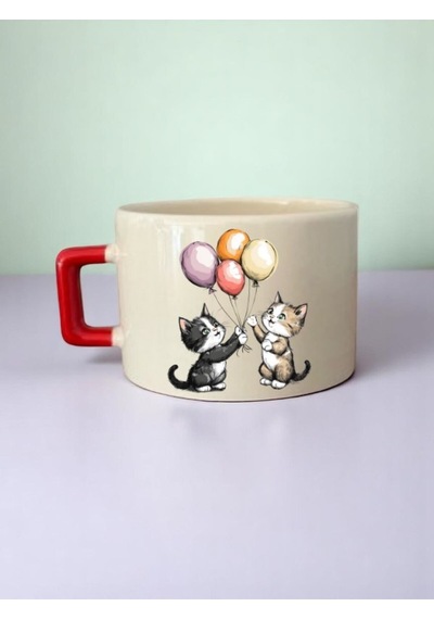 Balonlu Kedi Baskılı 3'lü Seramik Kupa Bardak Beyaz