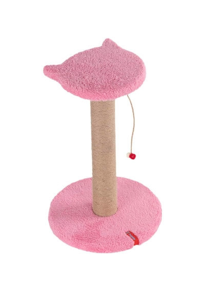 Stepli Kedi Yüzlü Platform Tırmalama Tahtası, Gri Peluş Kaplı, Sisal İpli, Oyuncaklı Pembe