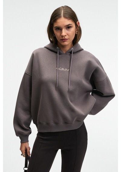 Grimelange JASSES Kadın Oversize Nakışlı Kapüşonlu Antrasit Sweatshirt