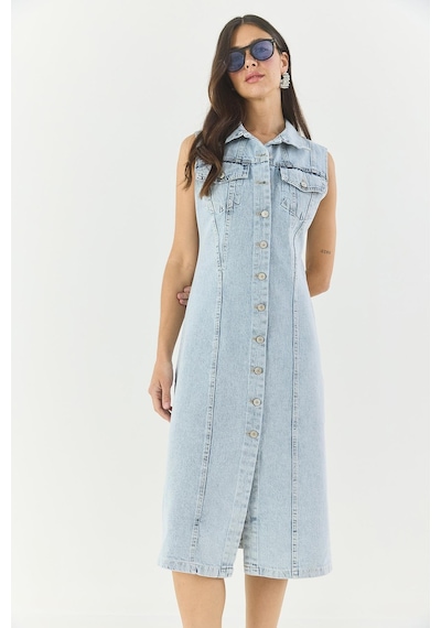 Shade Kadın Belden Oturan Cepleri Kapaklı Sıfır Kollu Düğmeli Denim Elbise 3575 60283288 - Buz Mavisi