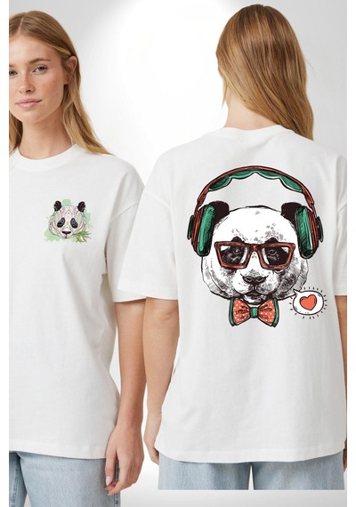 Kulaklıklı Hipster Portre Panda Beyaz Oversize Unisex Ön Ve Sırt Baskılı Tişört Beyaz