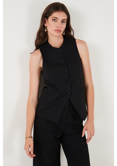 Lela Regular Fit Bisiklet Yaka Kolsuz Düğmeli Basic Bluz Bayan Yelek 65200004 Siyah