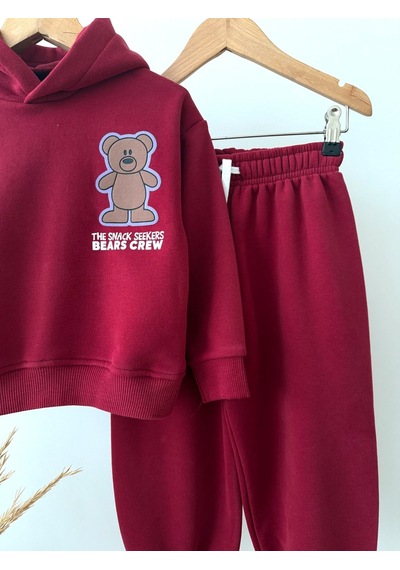 Magu Çocuk Ayıcık Baskılı Bordo Kapüşonlu Sweatshirt Ve Eşofman Altı Takımı Çok Renkli