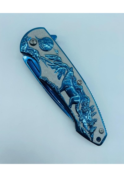 Tobaccotürk724 Kurt Kabartmalı Kamp Bıçak Yarıoto Mavi Metal 20cm Kamp Çakı//ystl2916bl Mavi