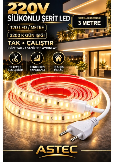 Astec Yapışkanlı 3 Metre Gün Işığı 220v Silikonlu Şerit Led Yüksek Güç Tak Çalıştır İç Dış Mekân Su Geçirmez Günişiği