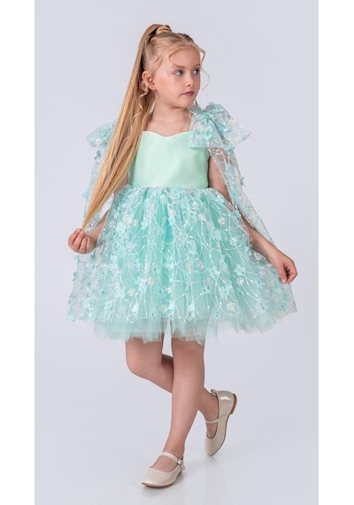 Mnk Baby & Kids Çiçek Brode Desen İmeros Kız Abiye M00736 Mint Yeşili