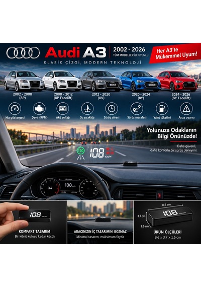 Audi A3 2002-2026 Modeller İçin Head Up Display Hayalet Gösterge Ekranı Ön Cam Hız Göstergesi