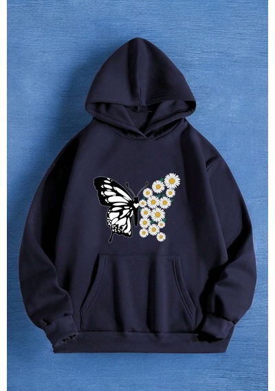 Papatya Kelebek Baskılı Oversize Sweatshirt Lacivert