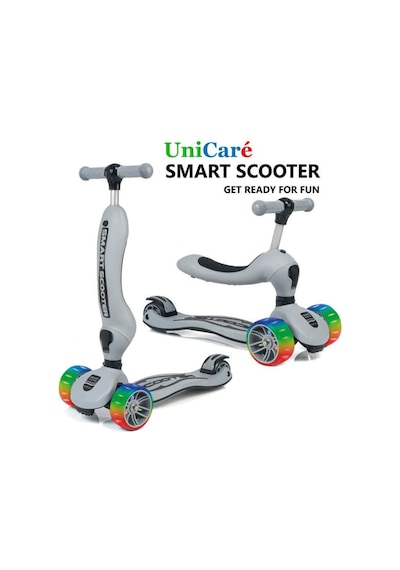 Smart Oturaklı Çocuk Scooter 3 Tekerlekli Işıklı Ledli Scooter Yükseklik Ayarlı 1-5 Yaş Gri