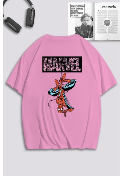 Unisex Kadın Erkek Marvel Spiderman Ön Arka Baskılı Özel Tasarım Oversize T-shirt Pembe Mck0177 Pembe