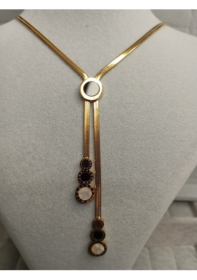 Siyah-beyaz Mineli Gold Renk Kolye Gold
