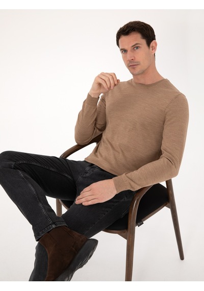 Cacharel Camel Slim Fit Yün Karışımlı Bisiklet Yaka Basic Triko Kazak Kahverengi