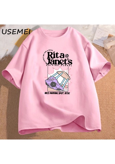 Flood Of Style Rita Ve Janet'in Sürüş Okul T Shirt Kadın Erkek Komik Grpahic T Shirt Geri Okul Tee Ka Pembe