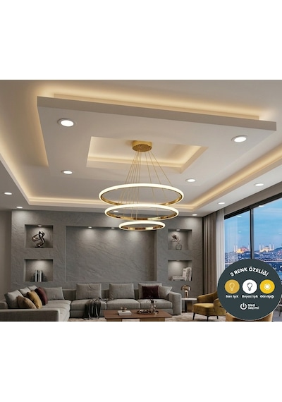 3 Lü Çember Modern Gold Avize Salon & Yemek Masası Sarkıt Aydınlatma