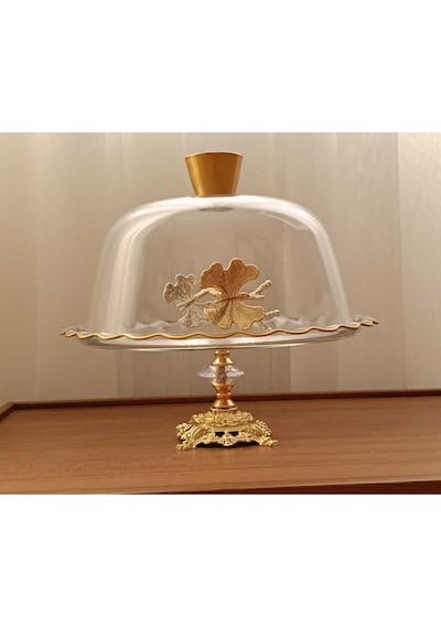 Elta Collection Gold Metal Ayaklı Cam Kapaklı Kek - Pasta Stantı Fanus Kelebekli