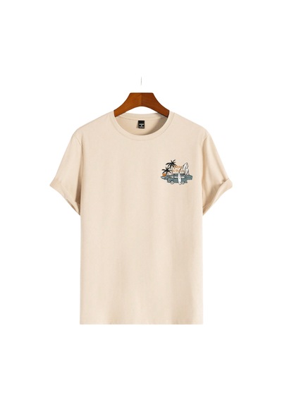 Genius Store Erkek Tişört Pamuklu Kumaş Sırt Baskılı Tişört Sokak Modası Rahat Kalıp T-shirt Vosvos-bej